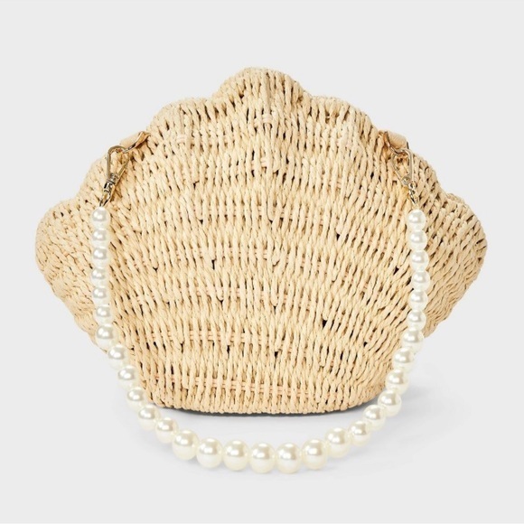 a new day Handbags - Beach-y Vacay Vibe::A New Day Tan Woven Shell Shape Bag with Pearl Strap::NWT::